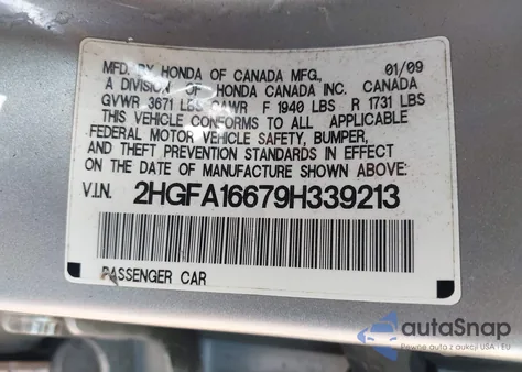 2009 Honda Civic Lx-S z USA, uszkodzony, nr VIN 2HGFA16679H339213